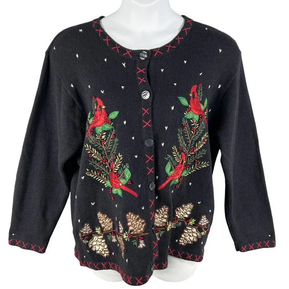 VTG In Resource Woman 2XL Black Cardinal Pinecone Embroidered Cardigan Sweater - Picture 1 of 16